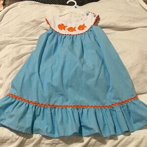 Kelly Kids 4/5 turquoise white check goldfish embroidered at neckline worn once